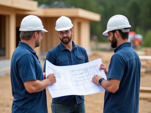 Founder and crew inspecting construction blueprints onsite
