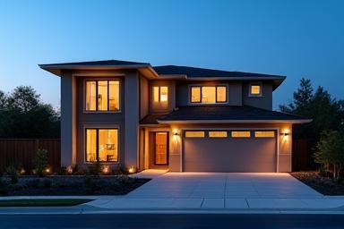 Modern new home exterior at twilight